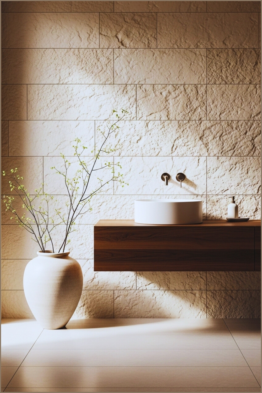 Minimalist Zen Bathroom With Textured Cream Stone Wall