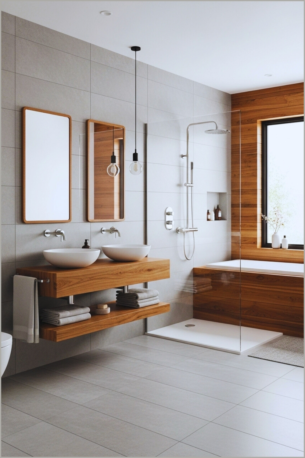 Modern Bathroom Balances Cool Grey Tiles With Warm