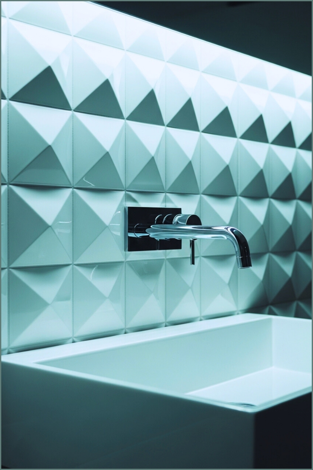 Modern Bathroom Close-up, Glossy White Geometric 3d Tile Wall