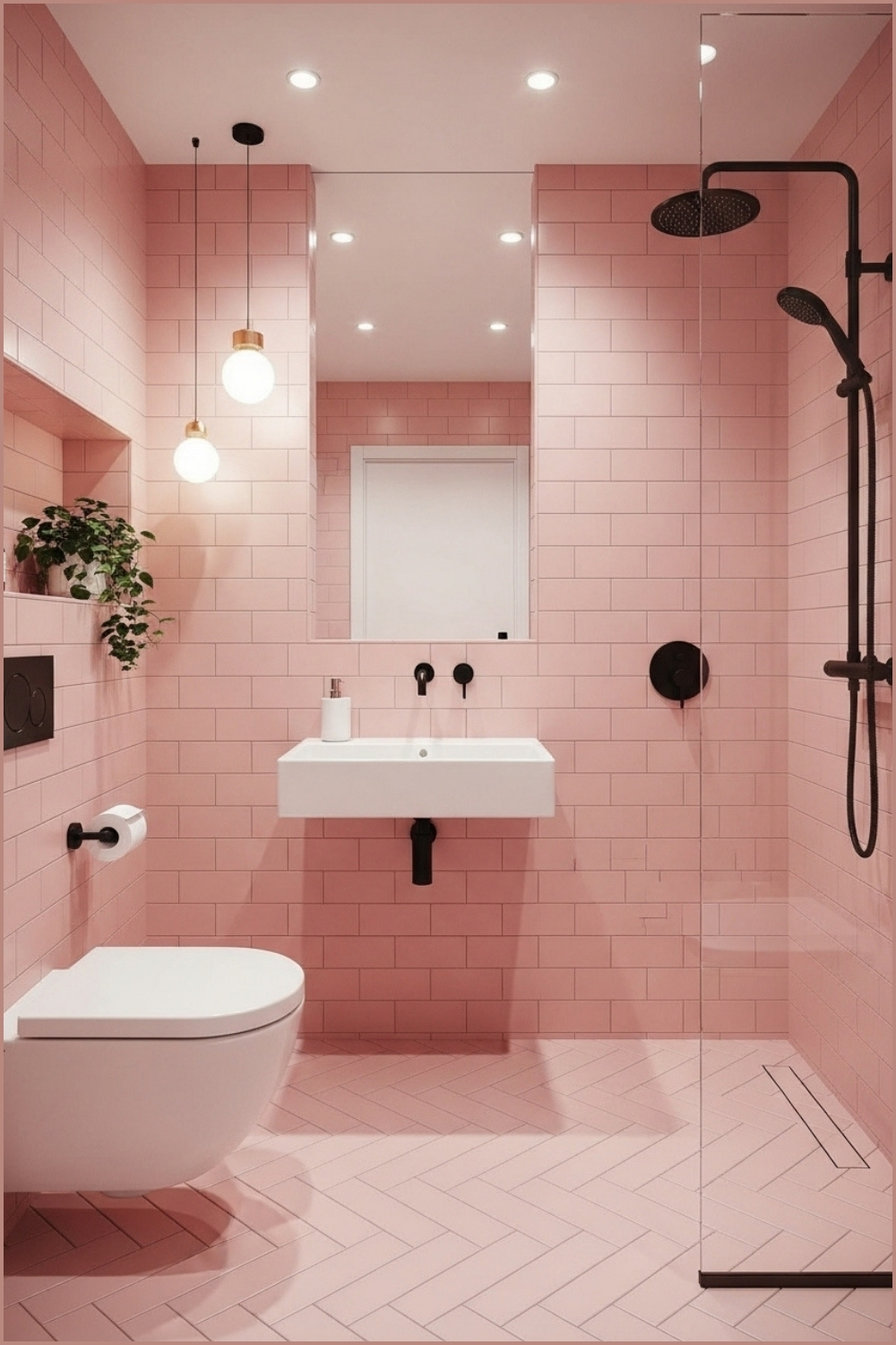 Modern Bathroom Covered In Pastel Pink Subway Tiles