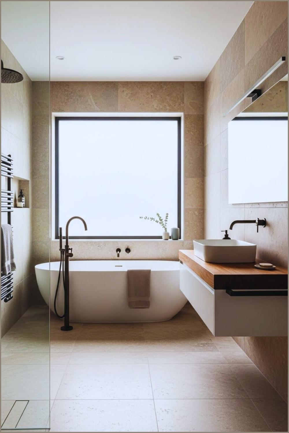 Modern Bathroom Features Warm Textured Stone Tiles