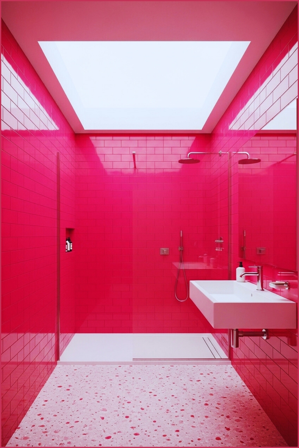 Modern Bathroom Fully Covered In Glossy Hot-pink Tiles, Walk-in Shower