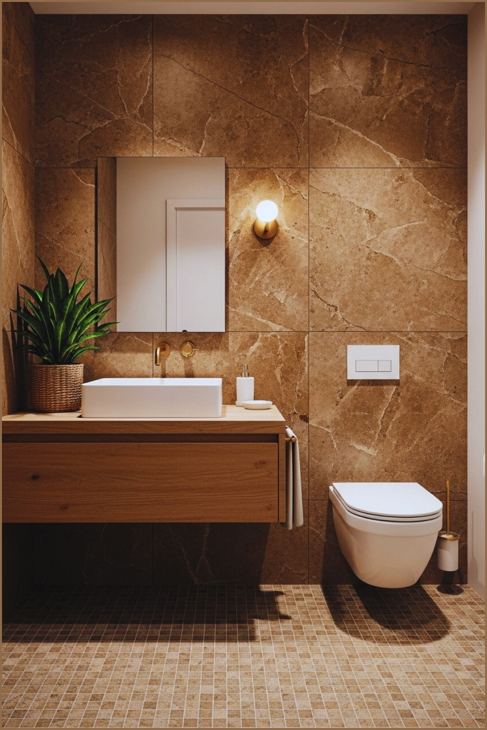 Modern Bathroom In Warm Earthy Tones, Full Wall Covered
