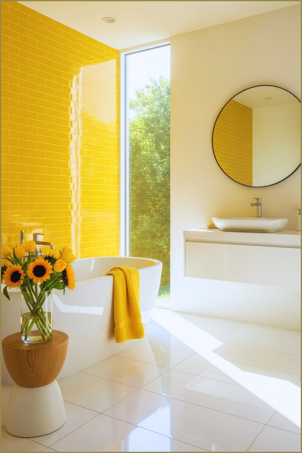 Modern Bathroom Interior, Bold Yellow Wall Tiles, White Freestanding