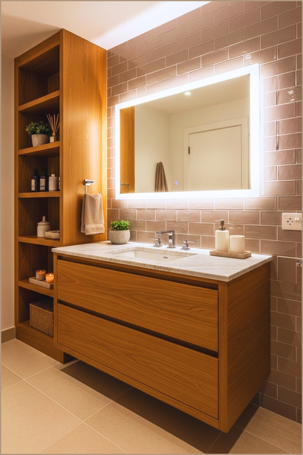 Modern Bathroom Interior With Warm Wooden Vanity