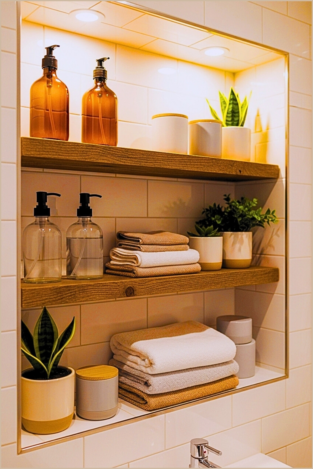 Modern Bathroom Shelving Nook With Rustic Wooden Floating Shelves