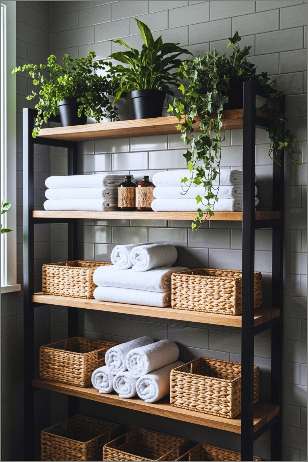Modern Bathroom Shelving Unit, Black Metal Frame With Rustic Wood Shelves