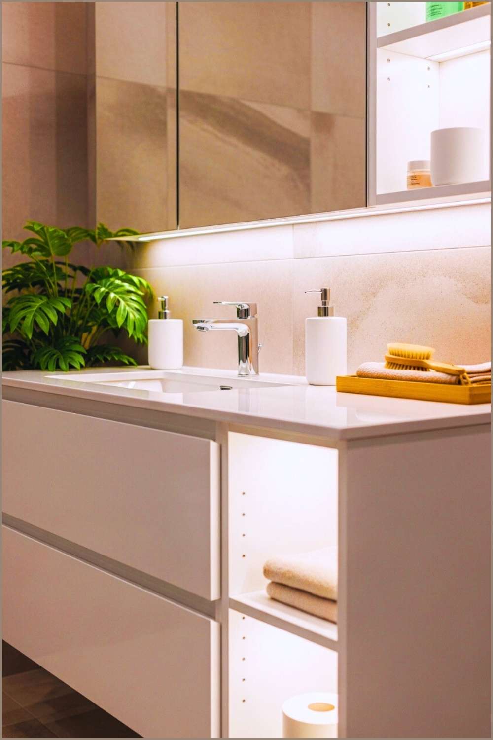 Modern Bathroom Vanity Close Up Glossy White Cabinetry