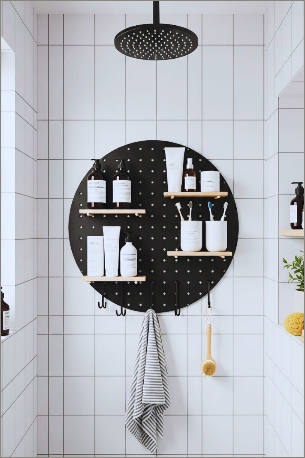Modern Bathroom With A Round Pegboard Organizer Mounted