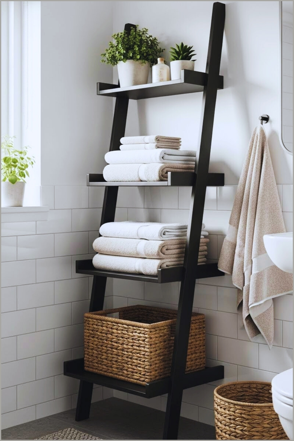Modern Bathroom With A Sleek Black Ladder Shelf