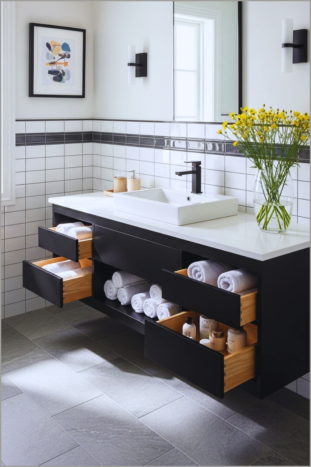 Modern Bathroom With Black Vanity And White Countertop