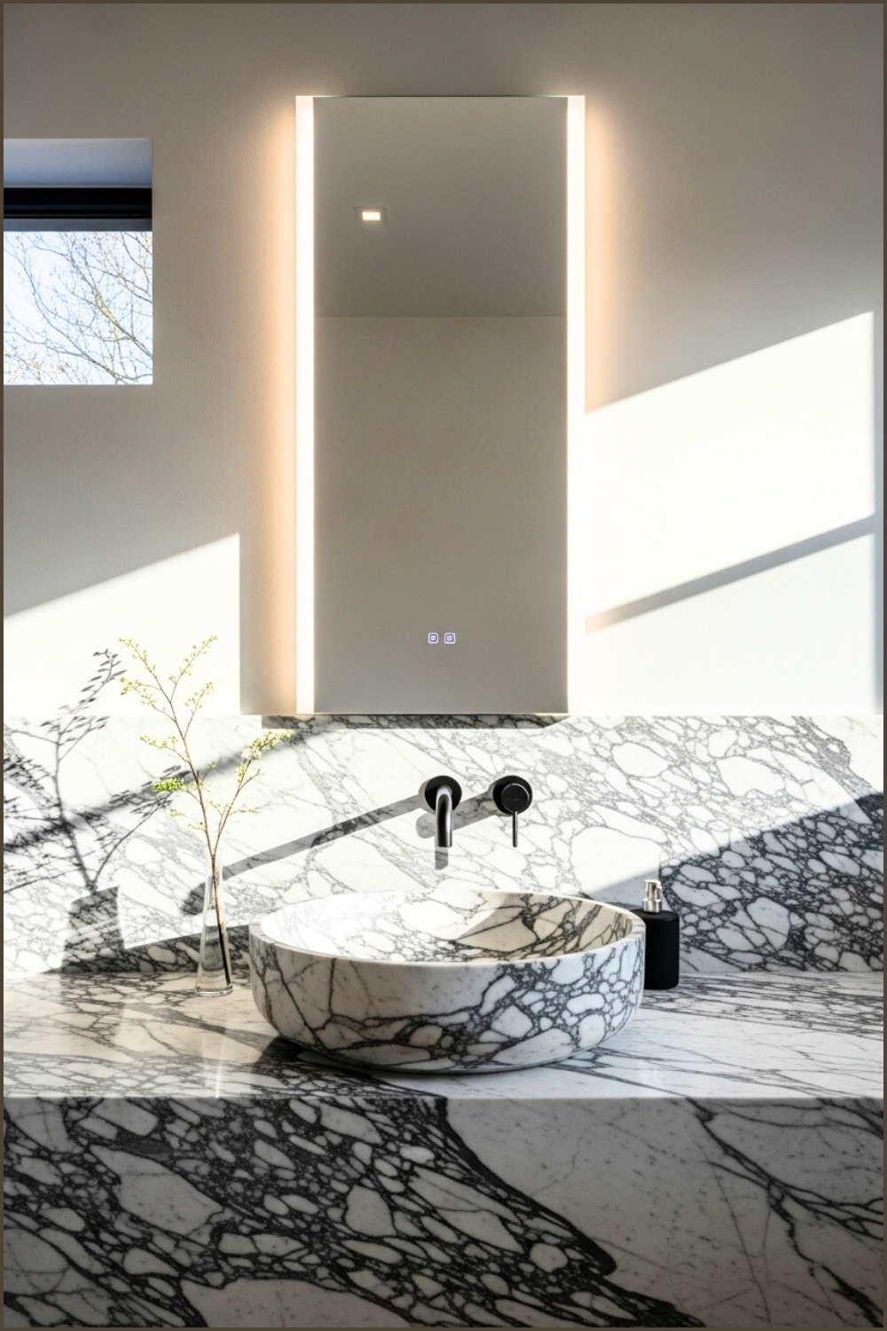 Modern Bathroom With Black-and-white Marble Vessel Sink