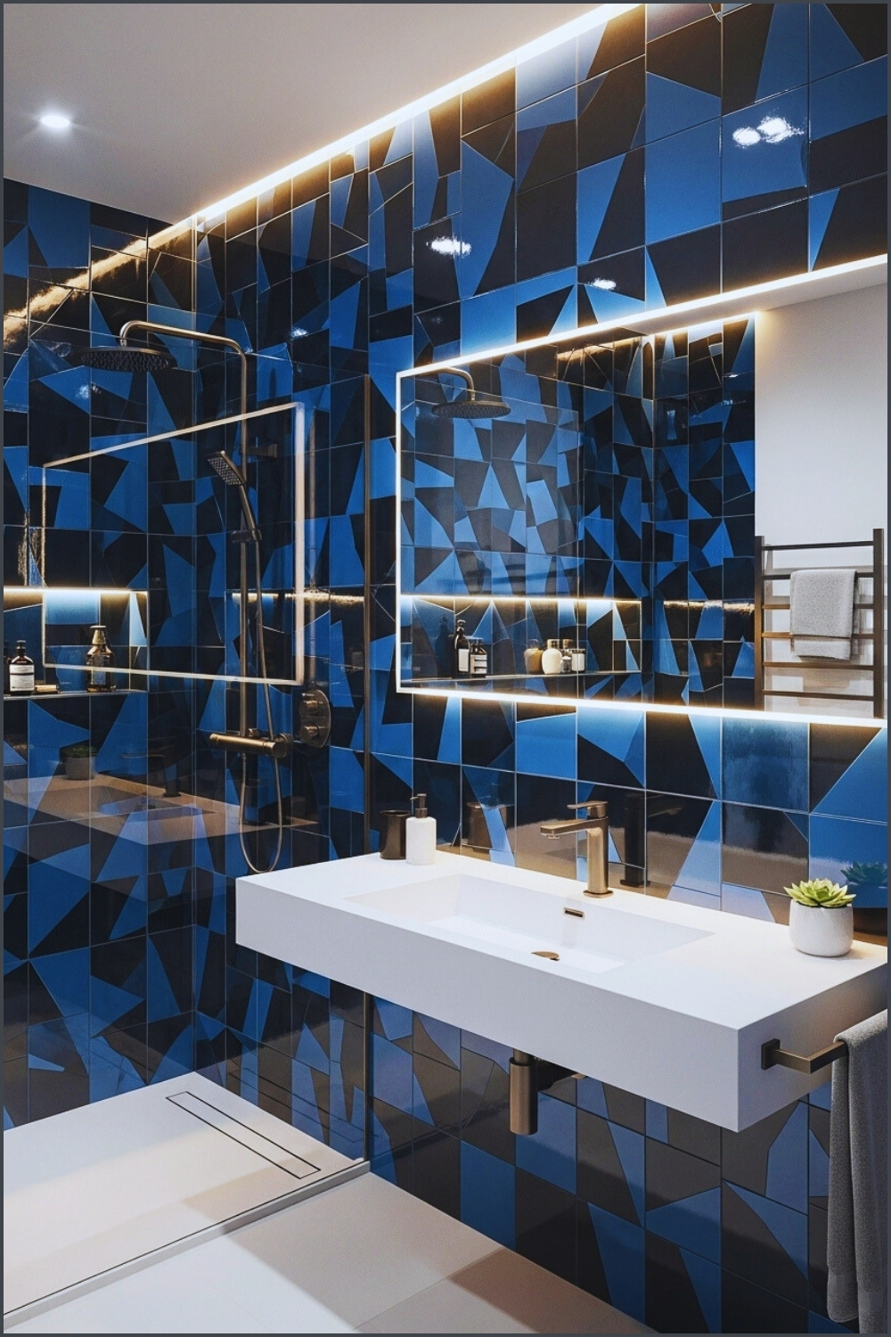 Modern Bathroom With Bold Blue And Black Glossy Geometric Wall Tiles