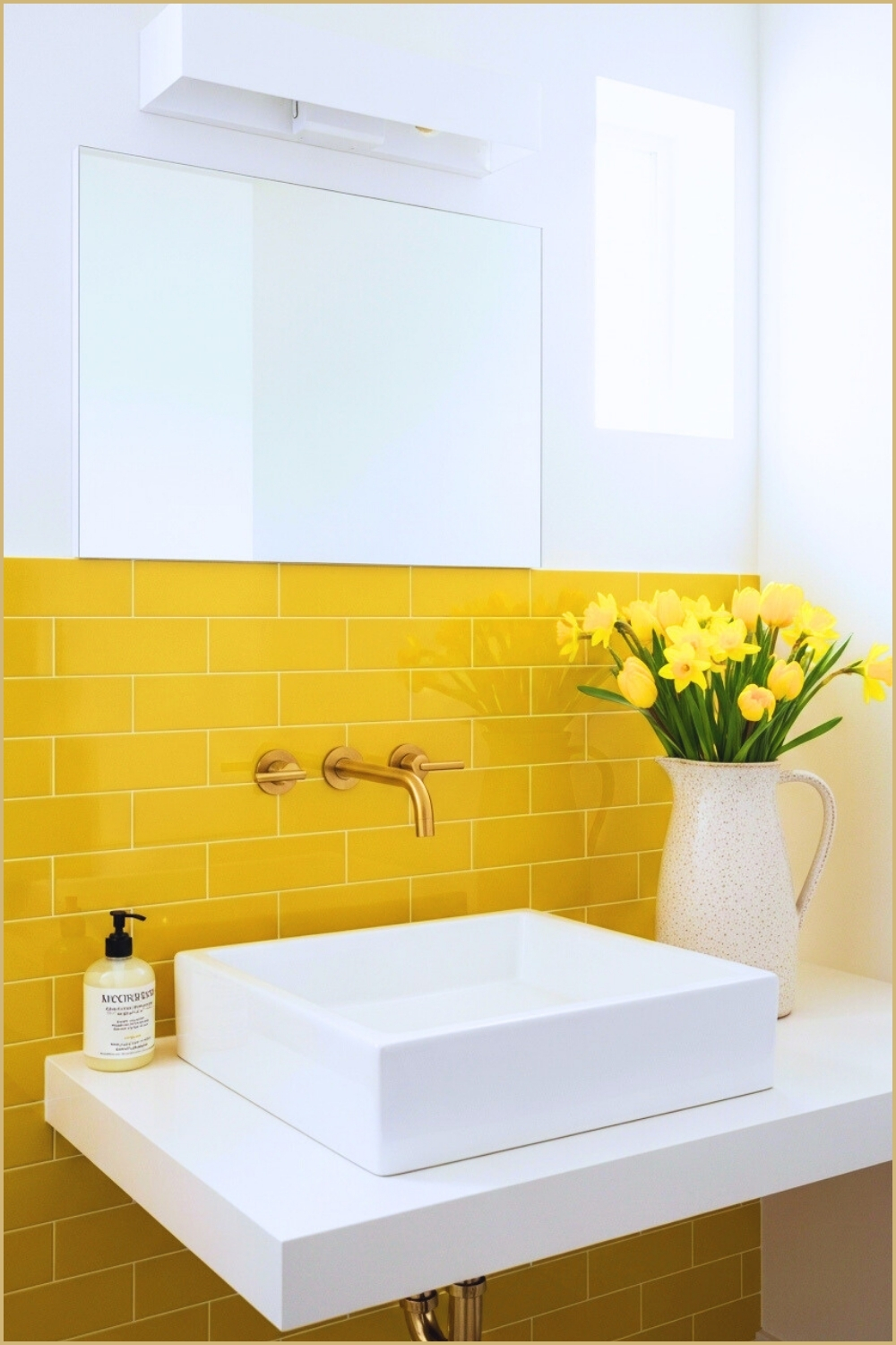 Modern Bathroom With Bold Yellow Glossy Subway Tile Backsplash