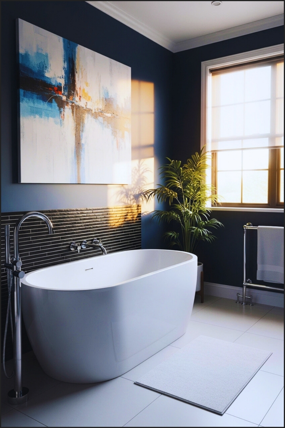 Modern Bathroom With Deep Navy Blue Walls, White Freestanding Bathtub