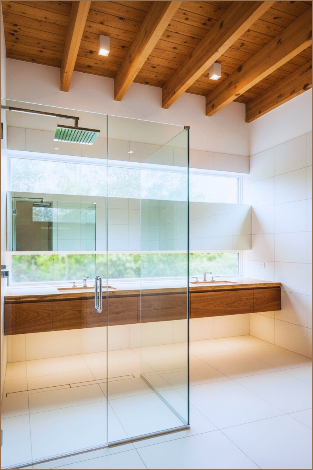 Modern Bathroom With Exposed Wood Beam Ceiling