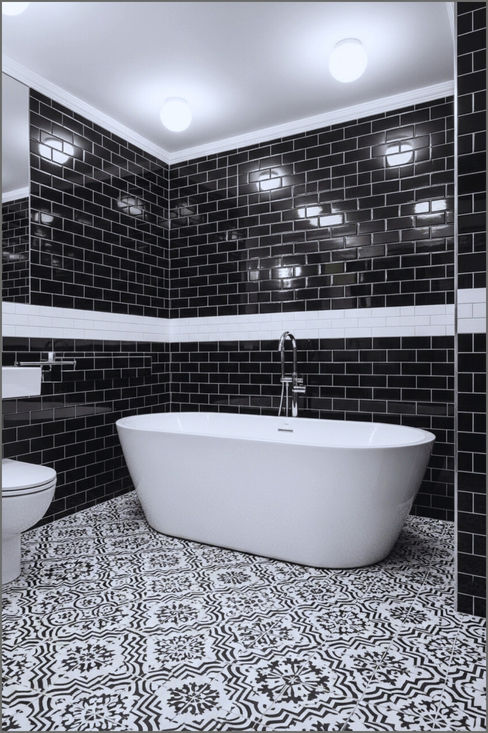 Modern Bathroom With Glossy Black Subway Tile Walls