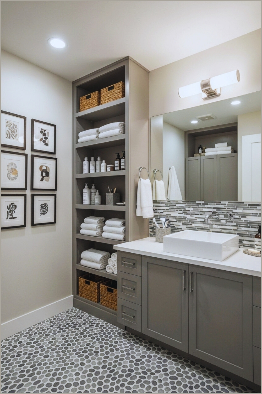 Modern Bathroom With Gray Built In Shelving Stocked With Towels
