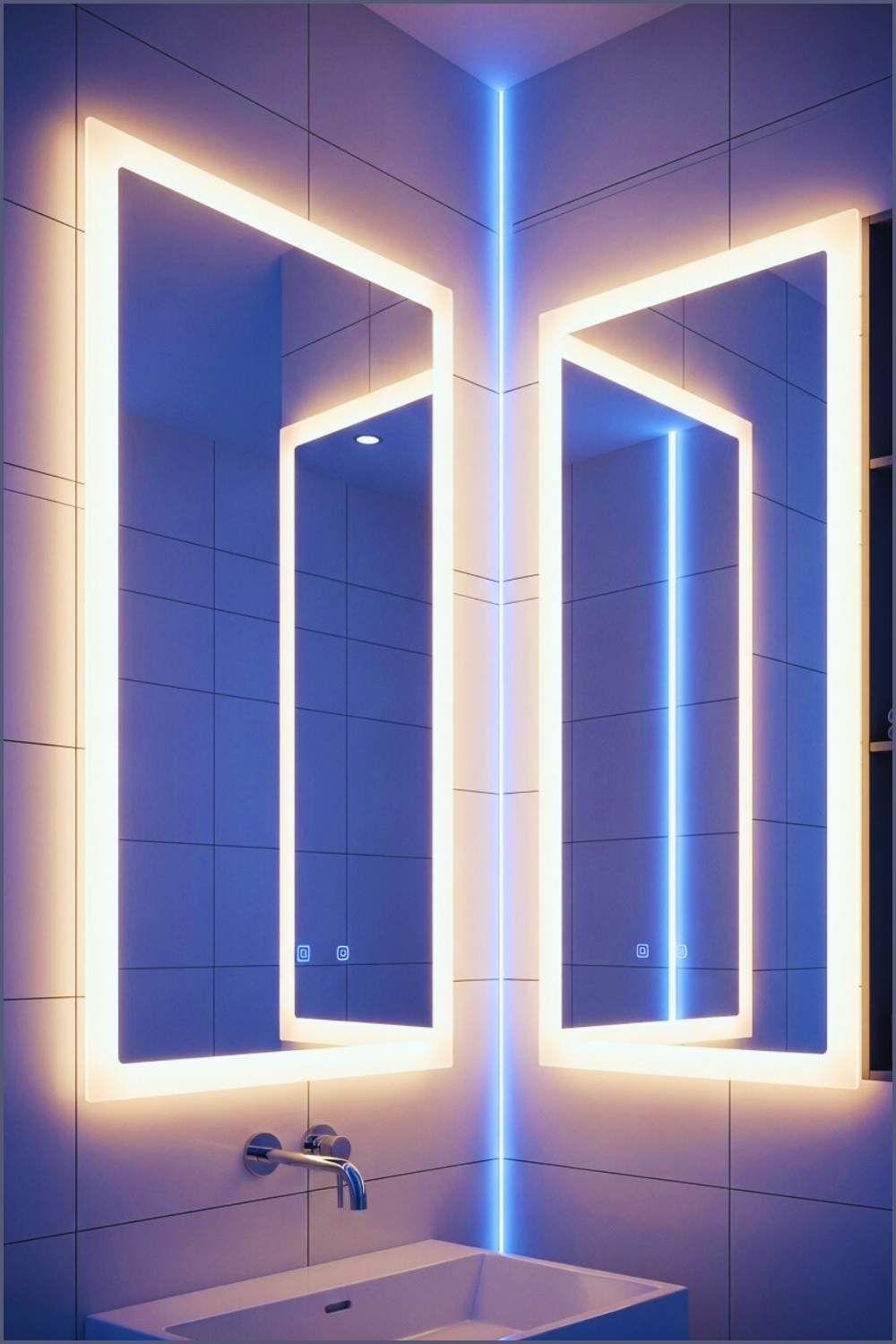 Modern Bathroom With Led-lit Mirrors, Sleek Glowing Vertical Lights