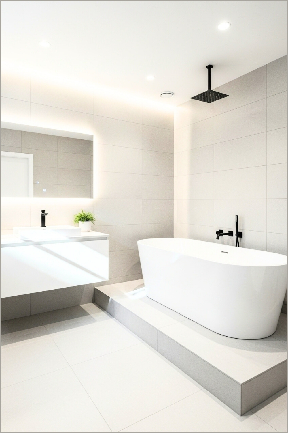 Modern Bathroom With Light Grey Tiles, Elevated Platform Freestanding Tub