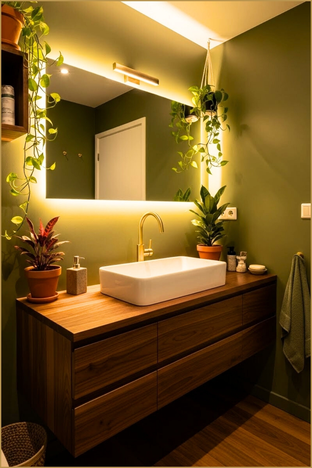 Modern Bathroom With Olive Green Walls, Walnut Wood Floating