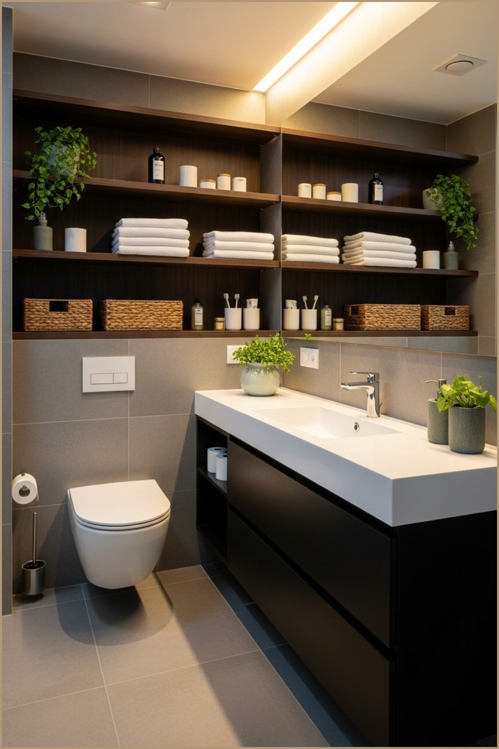 Modern Bathroom With Open Dark Wood Shelving Stocked With Towels