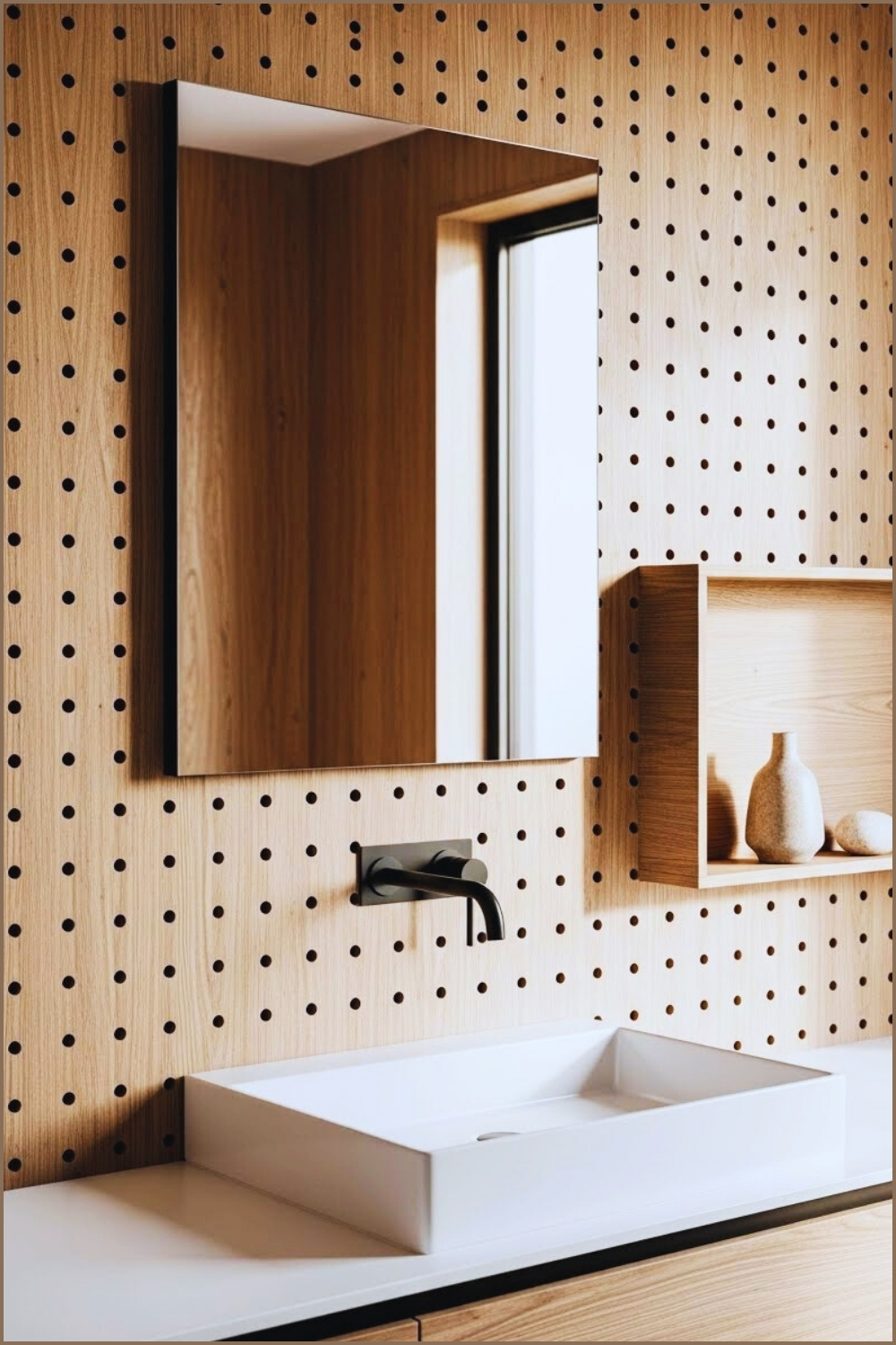 Modern Bathroom With Oversized Wooden Pegboard