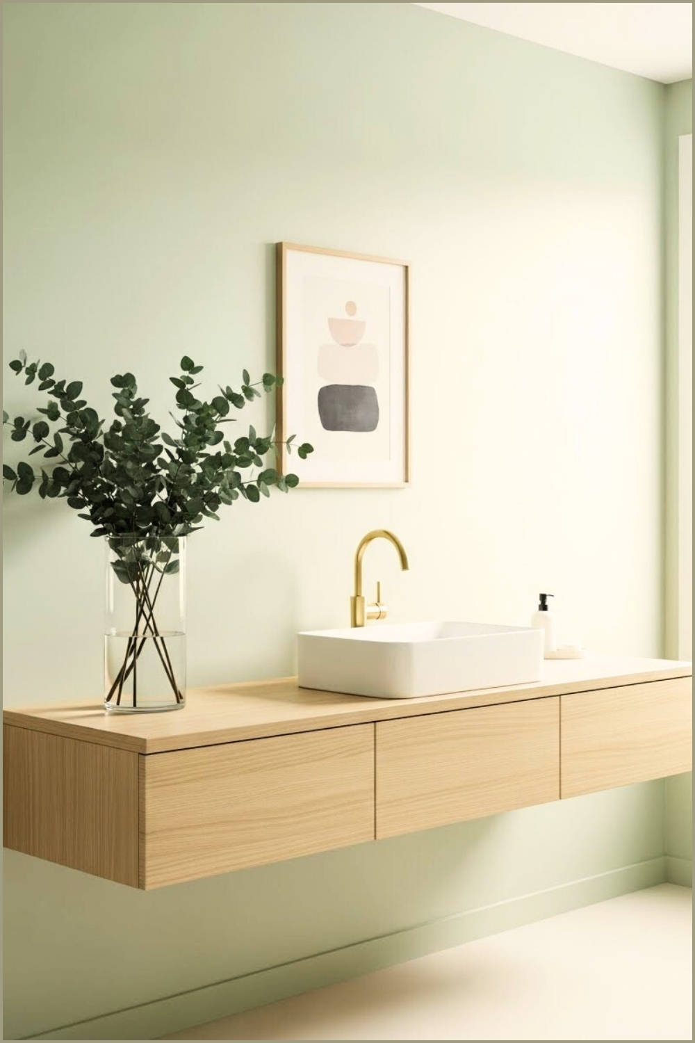 Modern Bathroom With Pale Sage Green Walls, Floating Light Wood Vanity