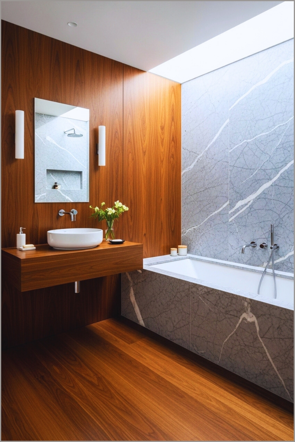 Modern Bathroom With Rich Stained Wood Wall