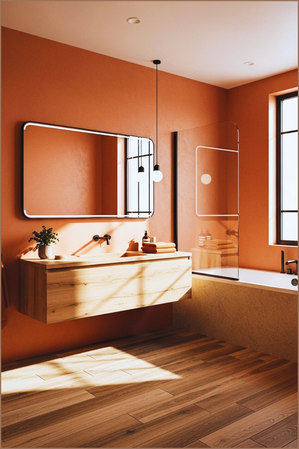 Modern Bathroom With Terracotta Wall, Wood-look Floor Tiles