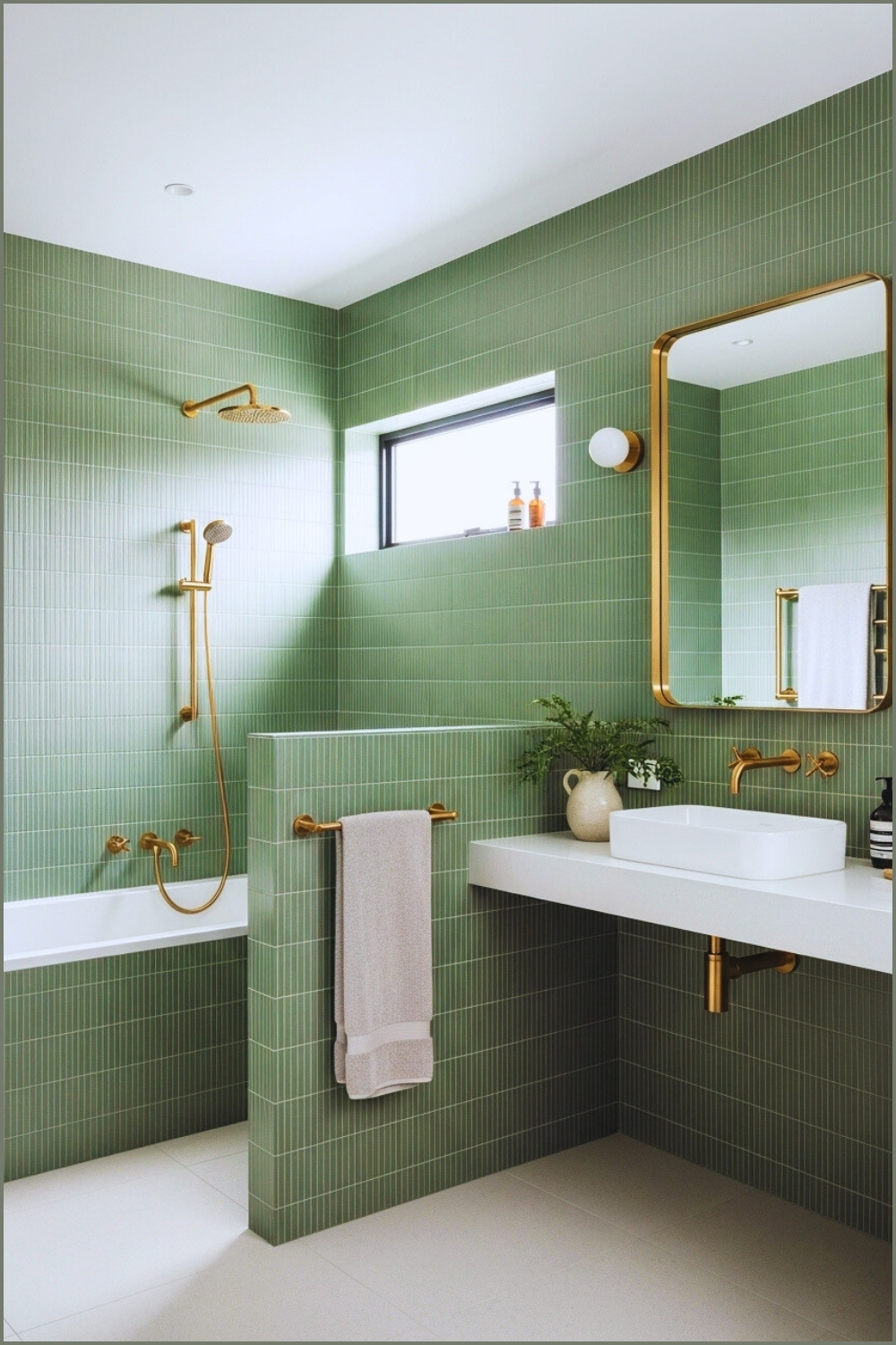 Modern Bathroom With Vertical Green Skinny Tiles