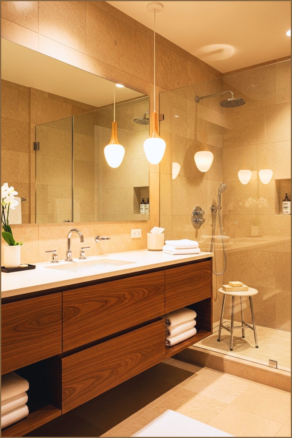 Modern Bathroom With Walnut Wood Vanity, Large Mirror