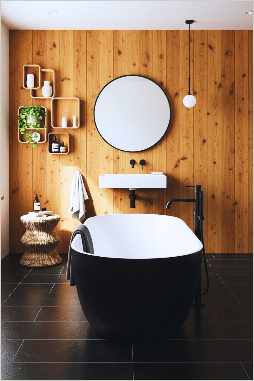Modern Bathroom With Warm Natural Wood Wall Panels