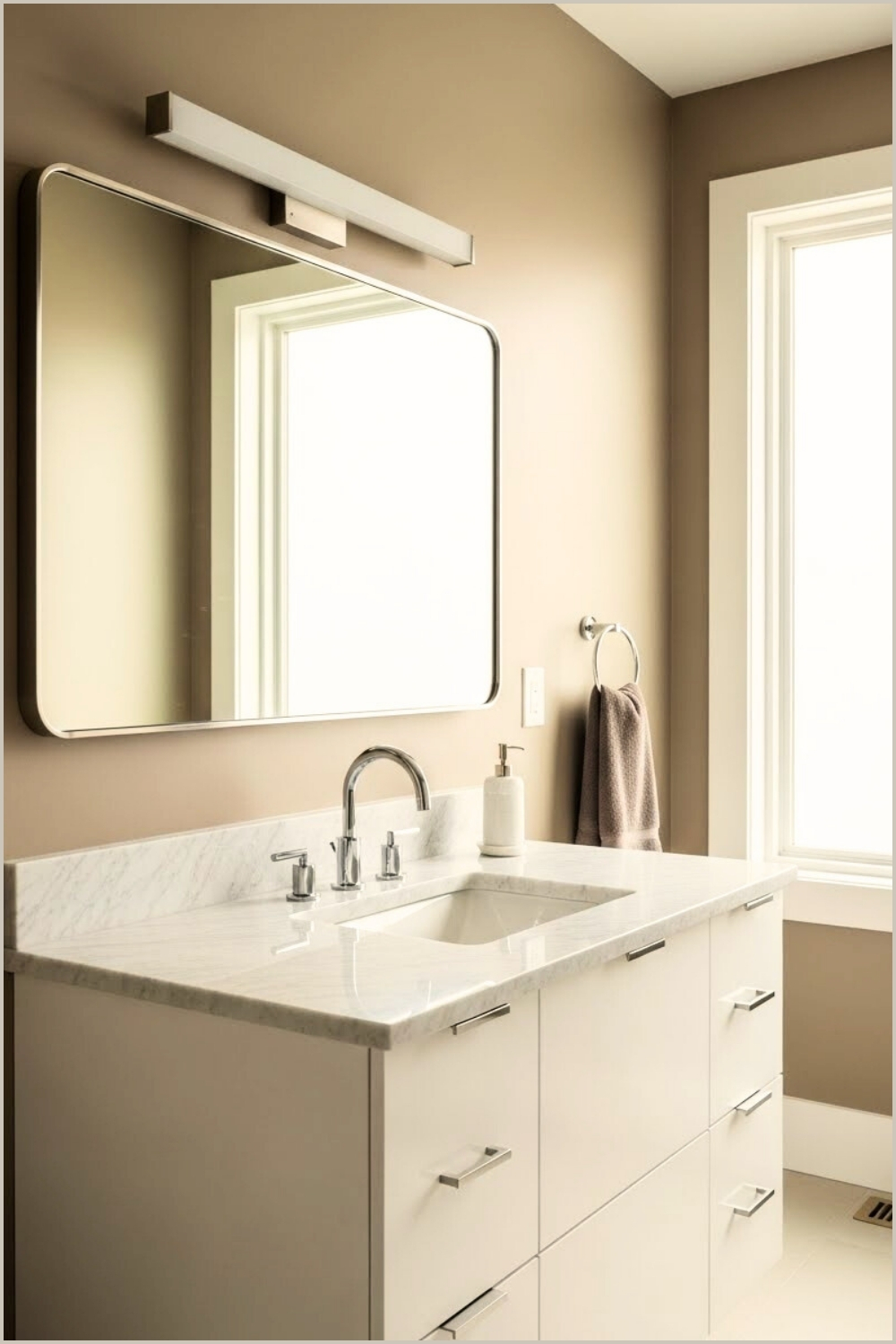 Modern Bathroom With Warm Taupe Walls, White Vanity