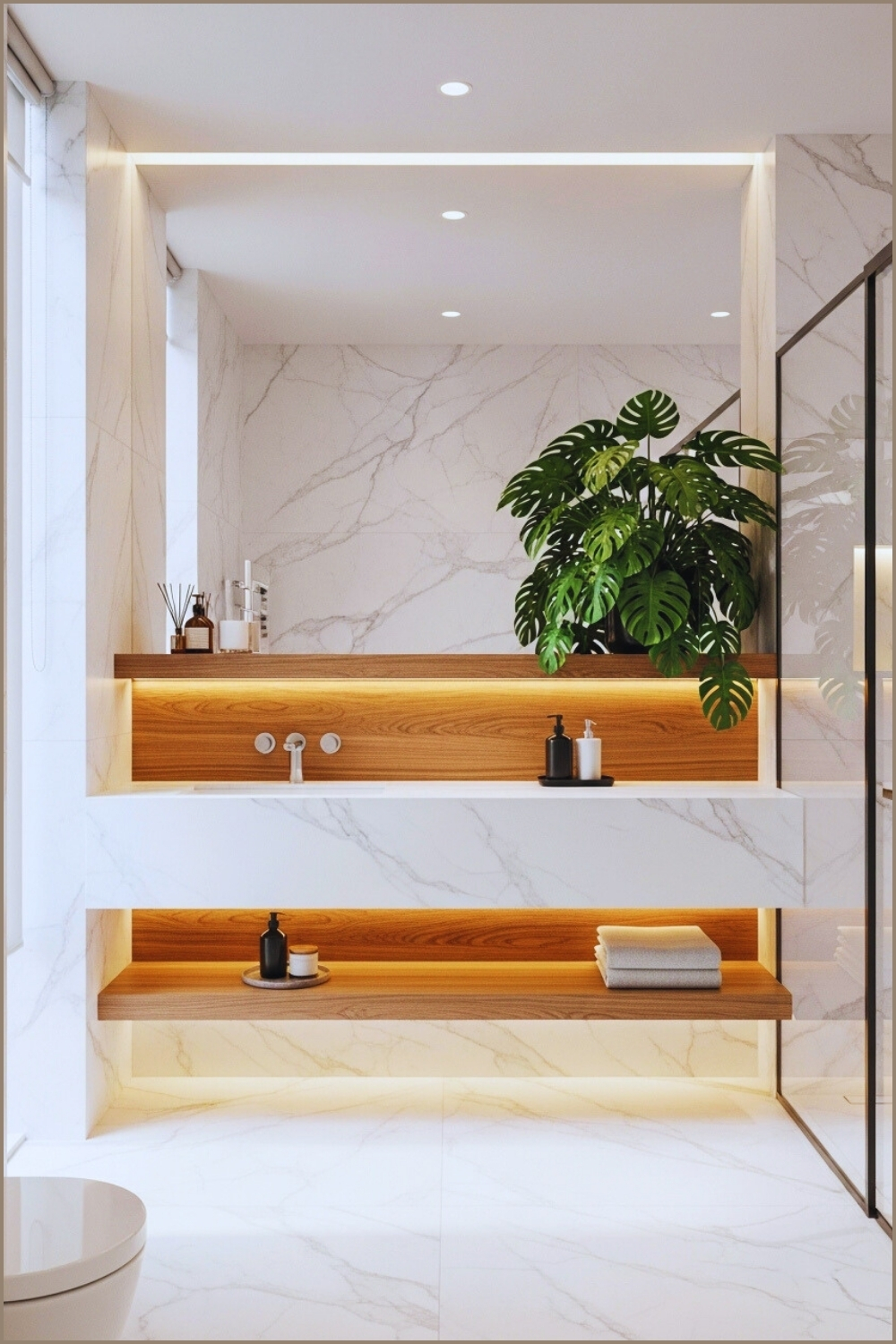 Modern Bathroom With White Marble Walls, Floating White Marble