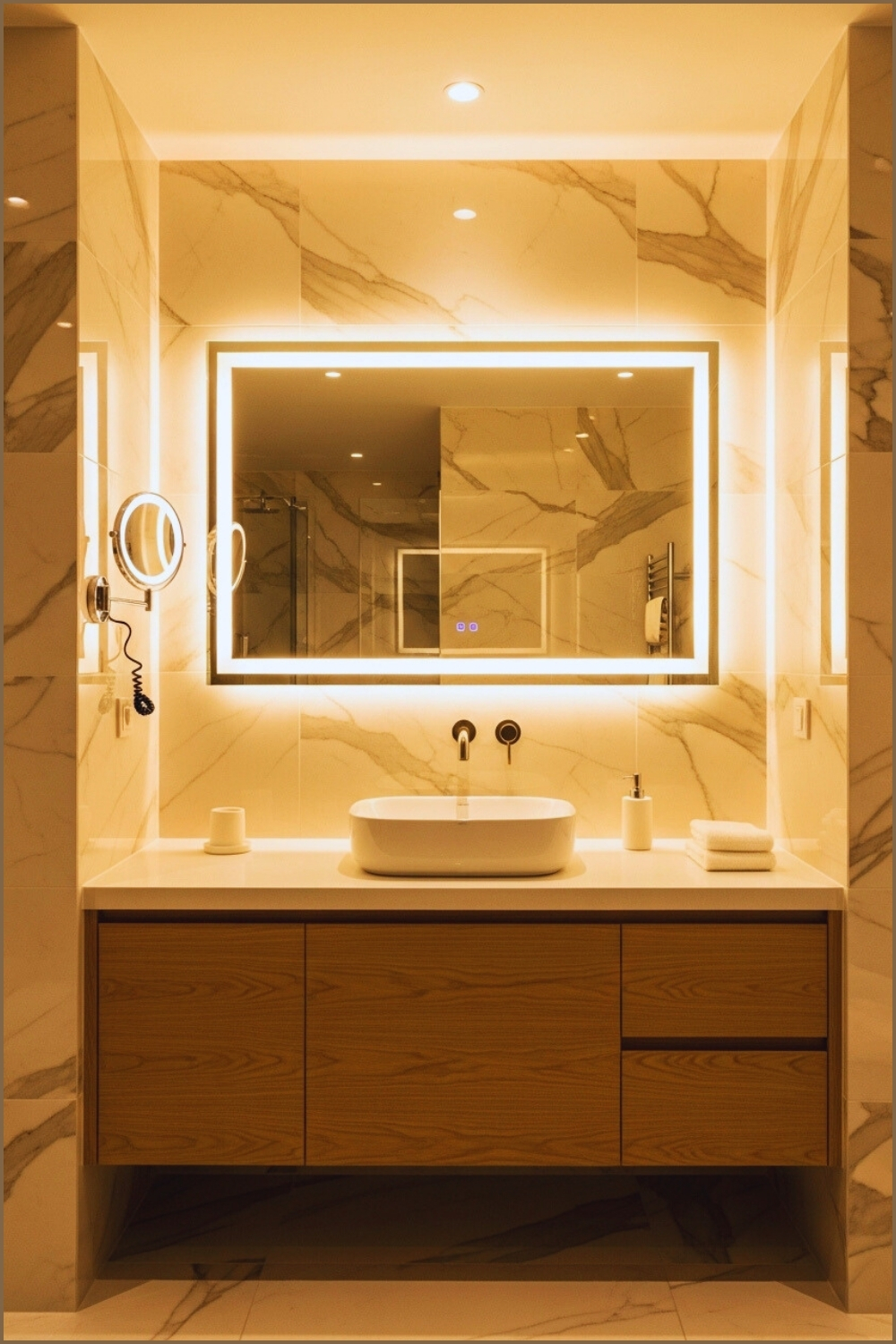 Modern Beige Bathroom With Floating Wood Vanity
