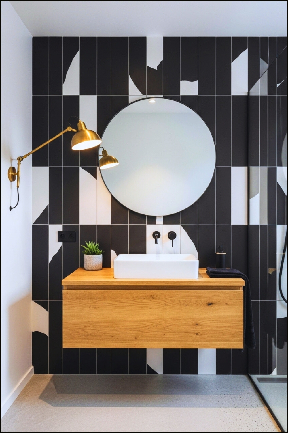 Modern Black And White Bathroom, Bold Geometric Wall Tiles