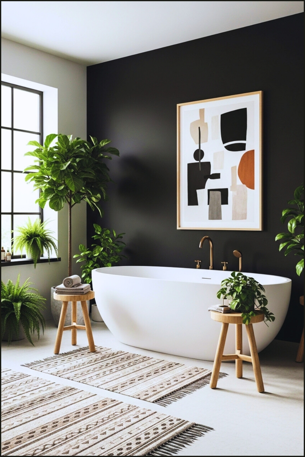 Modern Black Spa Bathroom Filled With Lush Green Plants
