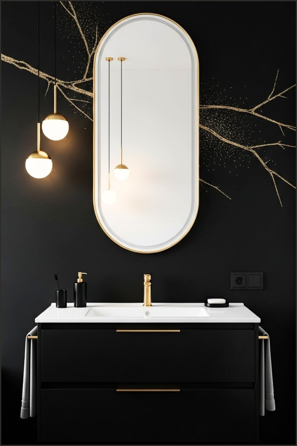 Modern Black Vanity With Gold Faucet, Large Oval Mirror