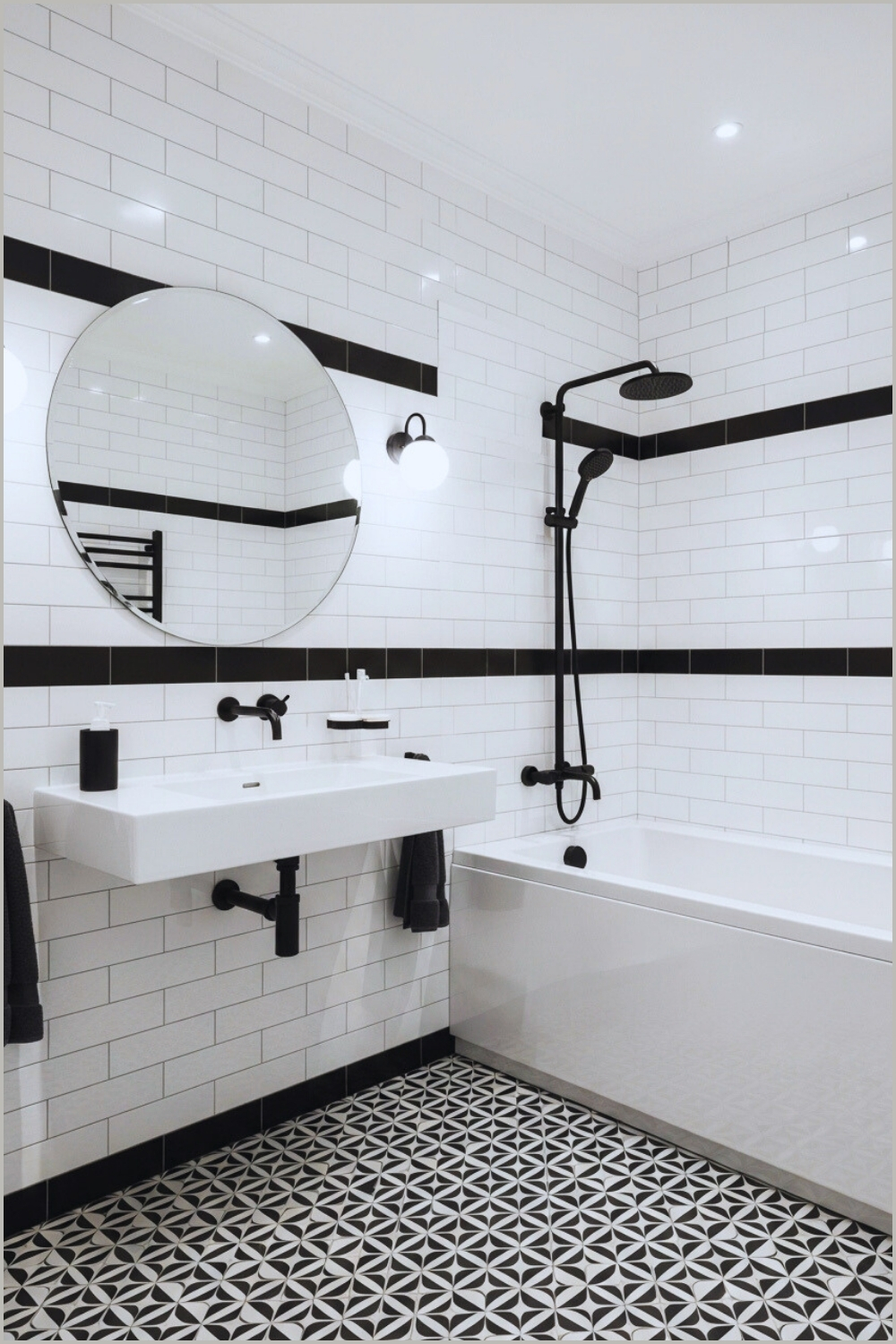Modern Black-and-white Bathroom With White Subway Tiles