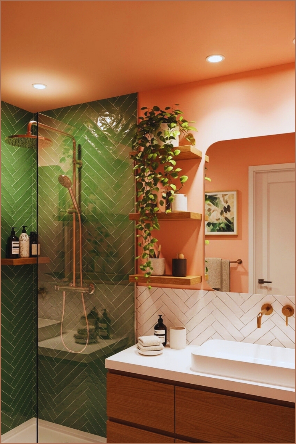 Modern Boho Bathroom With Pastel Pink Walls, Green Herringbone