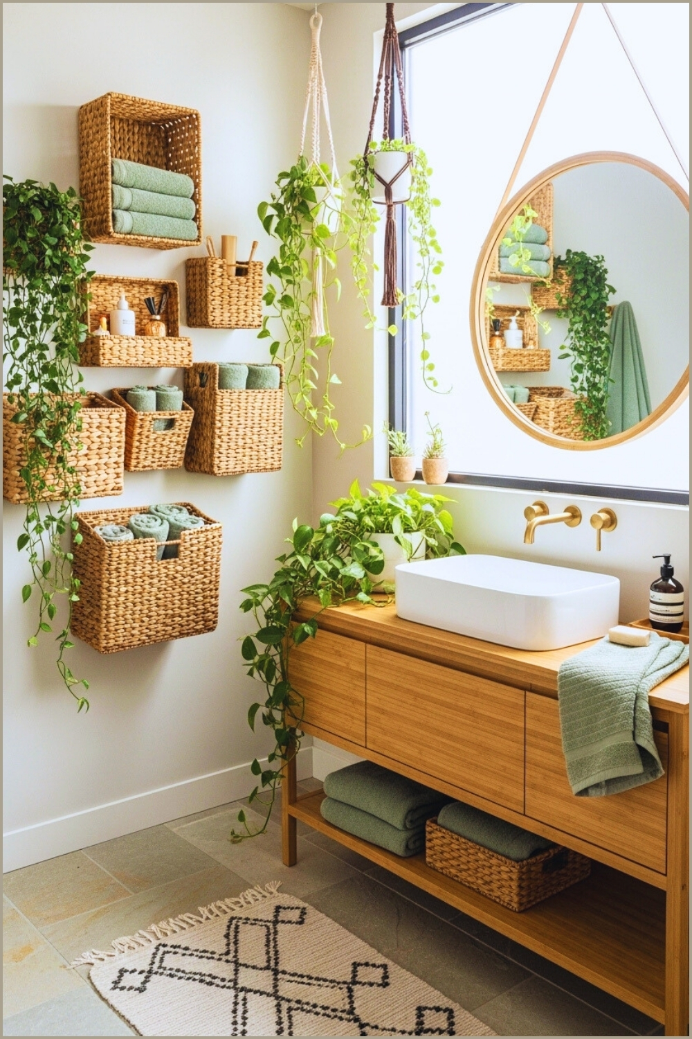 Modern Boho Bathroom With Woven Basket Wall Organizers