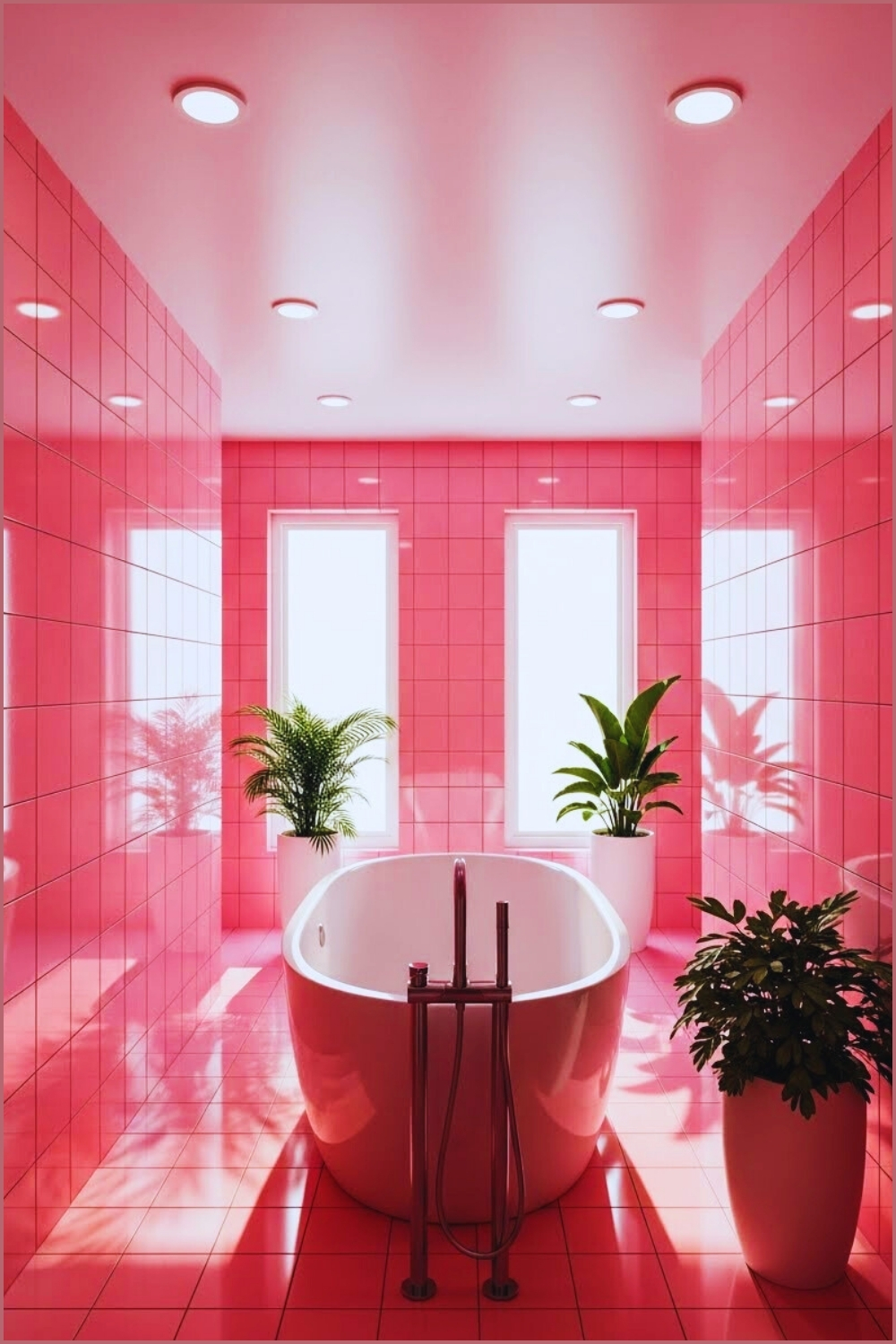 Modern Bright Pink Bathroom, Glossy Pink Wall Tiles