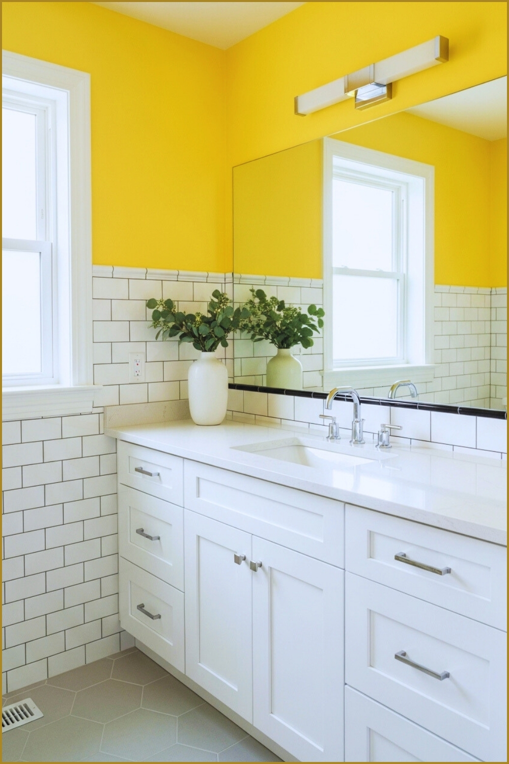 Modern Cheerful Bathroom With Bright Yellow Upper Walls