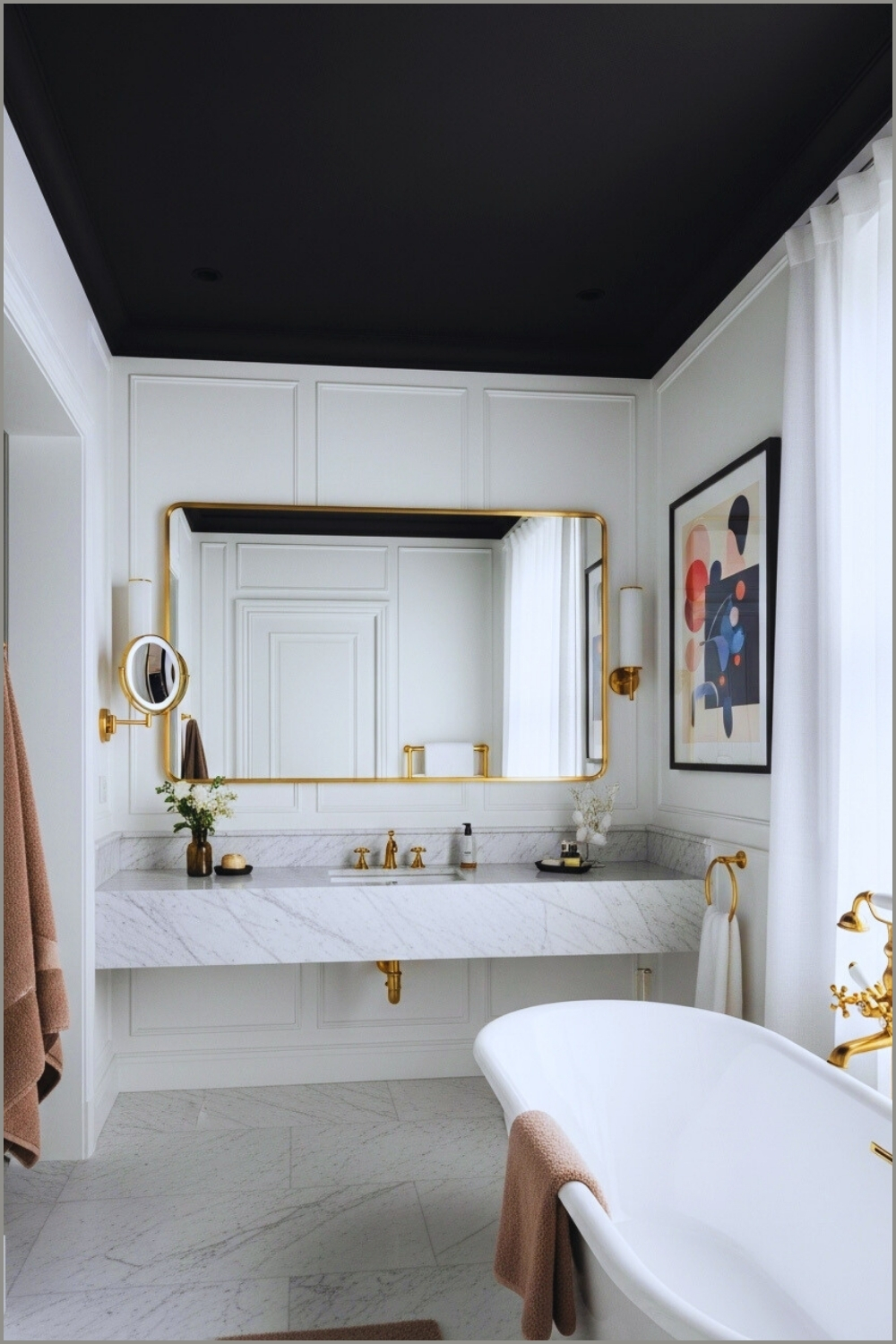 Modern Chic Bathroom, Bold Black Ceiling, White Walls, Gold Fixtures