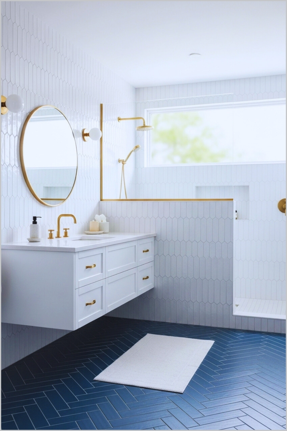 Modern Coastal Bathroom With Navy Blue Floor Tiles, White Vanity