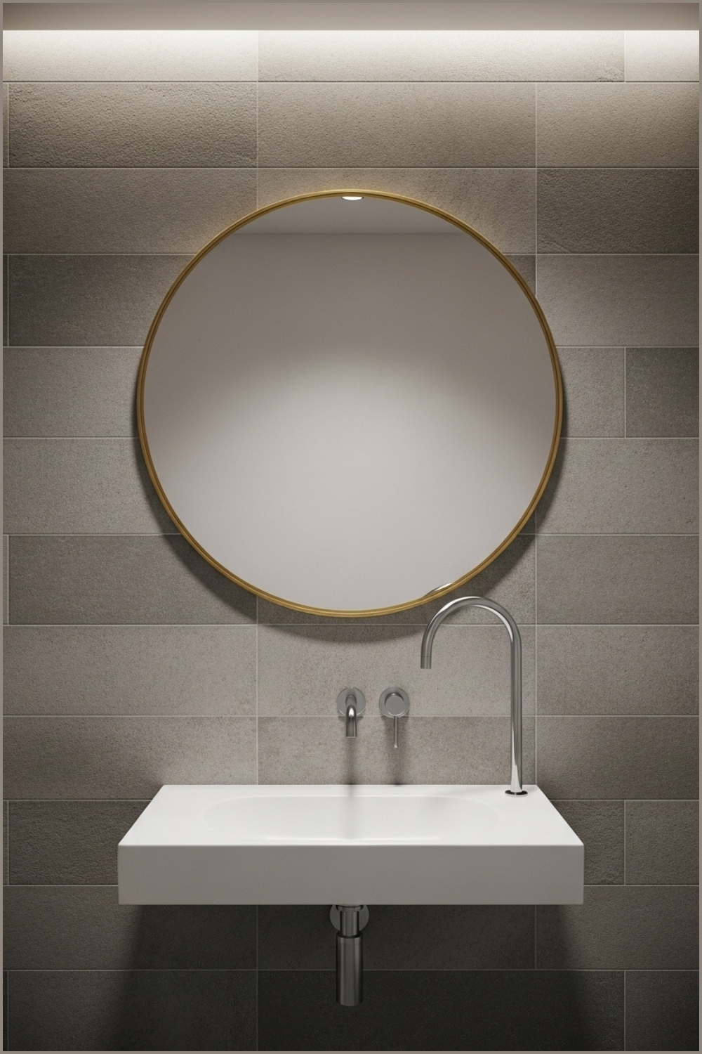 Modern Compact Bathroom, Round Gold-framed Mirror