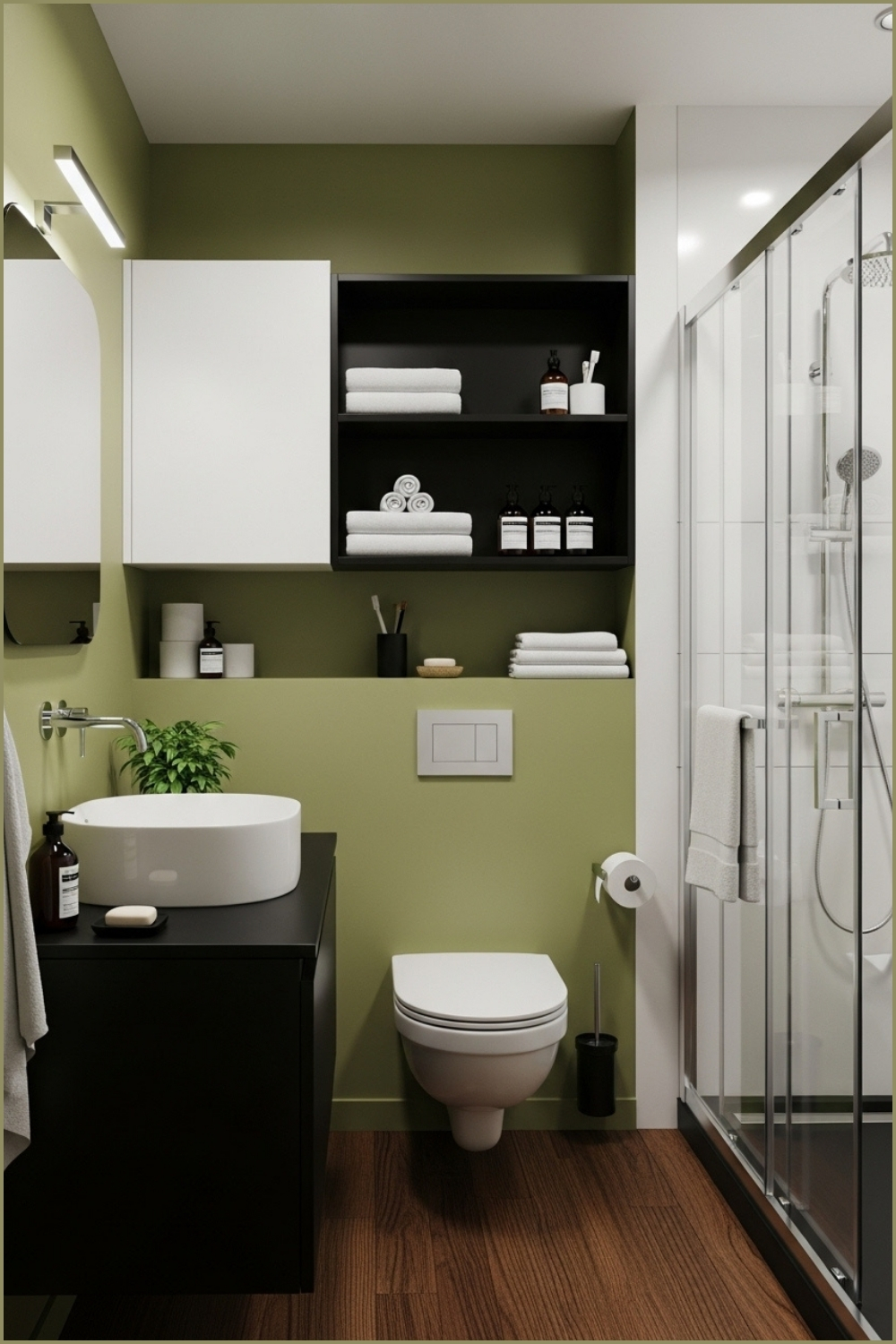 Modern Compact Bathroom With Olive Green Walls