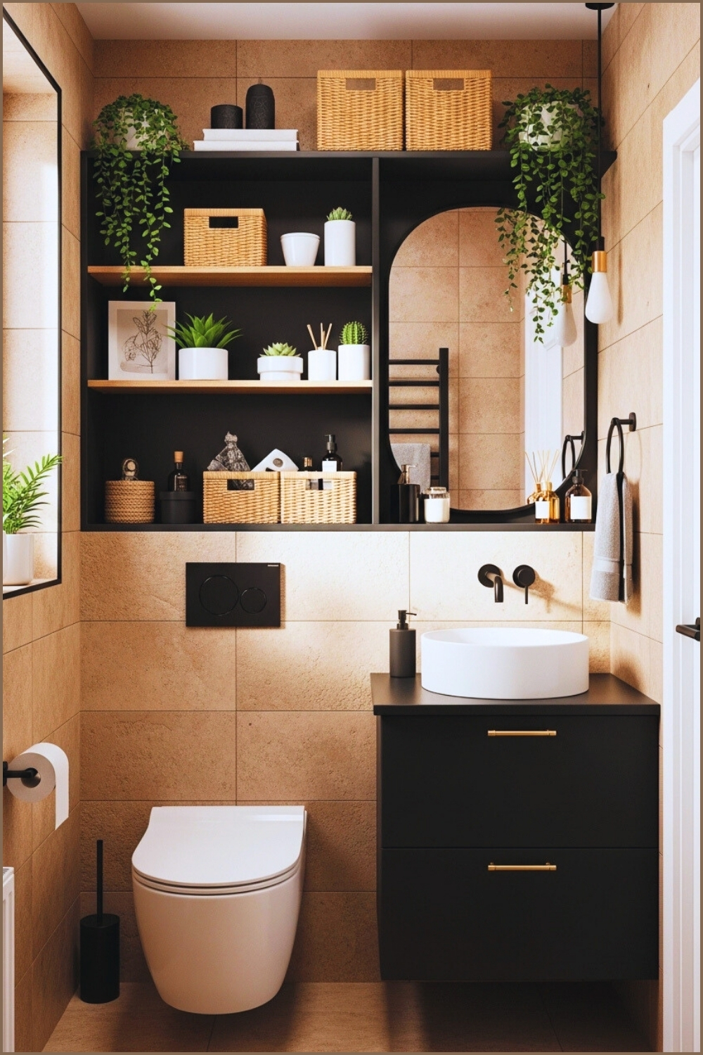Modern Compact Bathroom With Warm Beige Textured