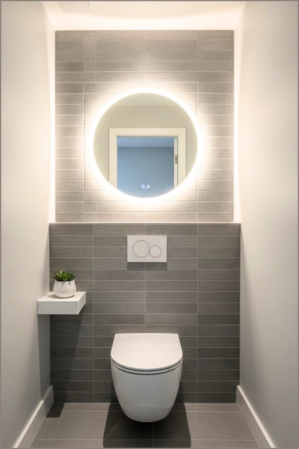 Modern Compact Powder Room With Grey Tiled Accent Wall